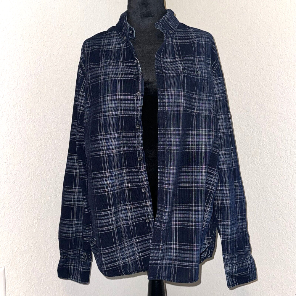 Michael Bastian Shirt Men's Large Navy Gray Cotton Plaid Long Sleeve Button Down